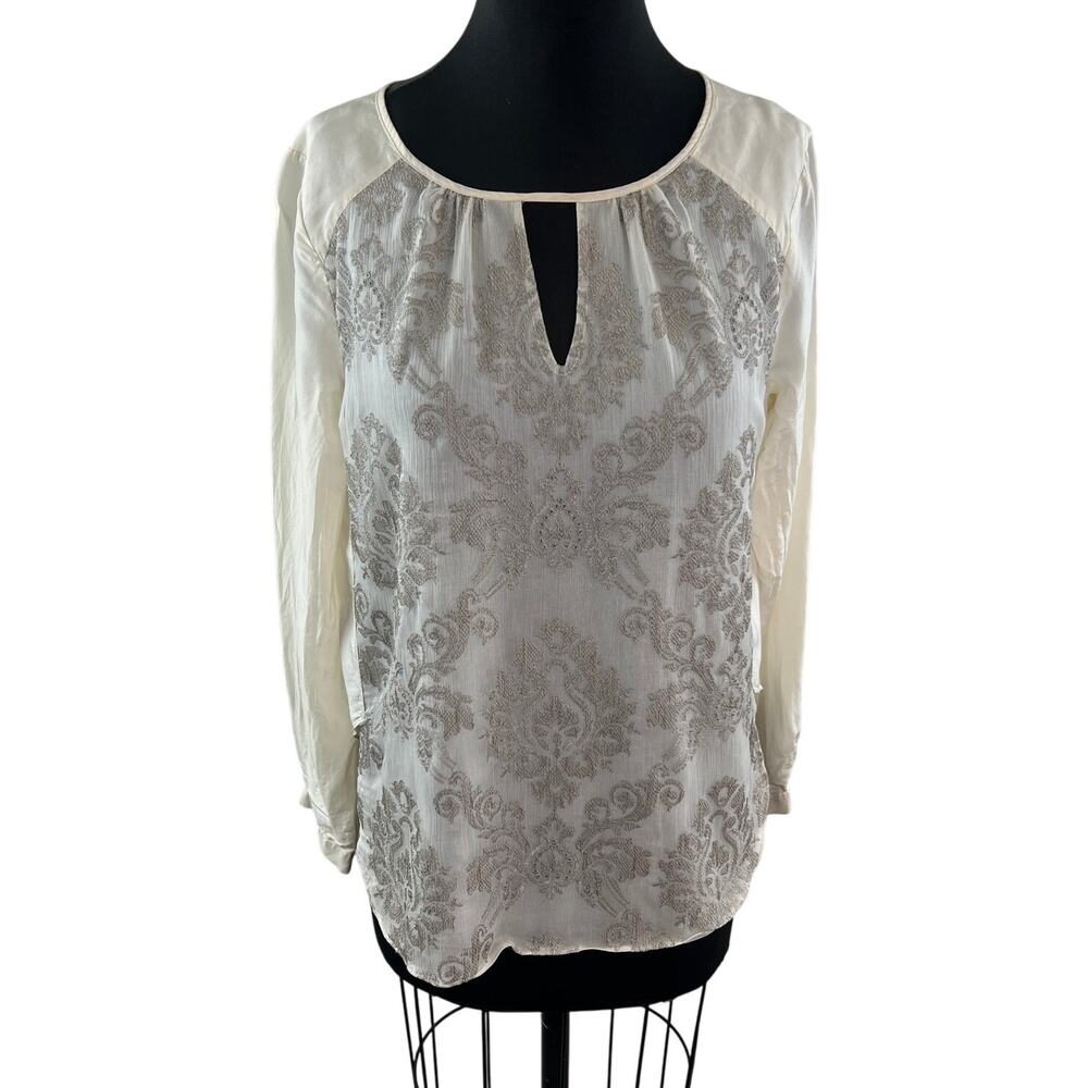 SUNDANCE Embroidered Silk Blouse Keyhole Long Sleeve Cream Top Size M Medium